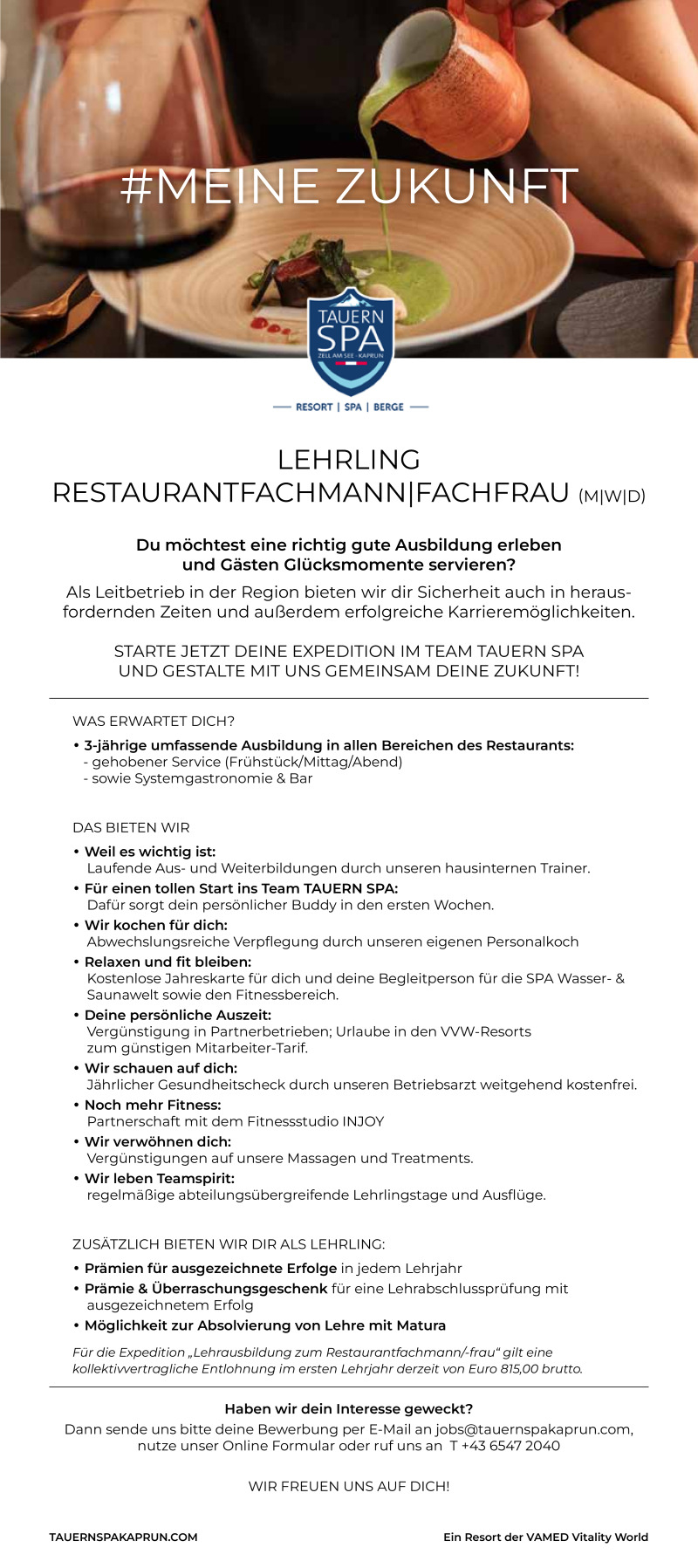 Tauern Spa Lehrling Restaurantfachmann Kaprun